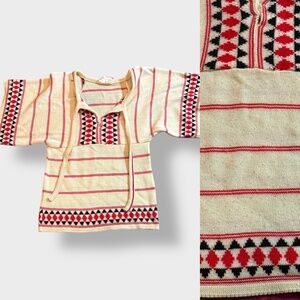 Vintage 70s Beige Red Black Triangle Sweater Boho Hippie Knit Top Bell Sleeves S